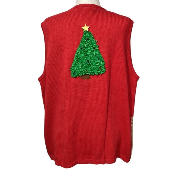 Vintage Red knit Christmas Embellished Holiday Sweater Vest Cardigan Size 2X - Picture 2 of 5